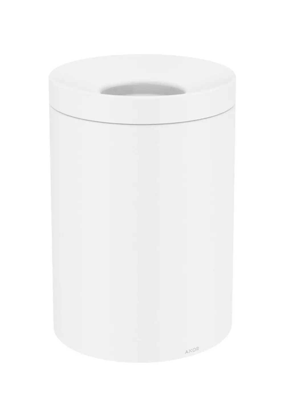Weißer, zylindrischer Abfalleimer von AXOR mit einem glatten Design und einem runden Öffnungsoberteil. Ideal für den Einsatz in Wohnräumen oder Büros.